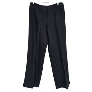 100% Linen Wide Leg Pants 6 Black Flat Front Mid Rise Ankle Slits Minimalist